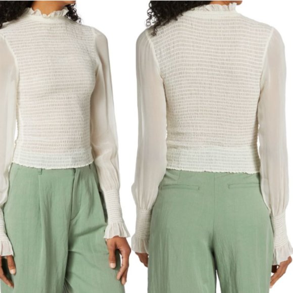 NWT Rag & Bone Kayden Sheer Smocked Ruffle Blouse Sz L in Light Dove - Picture 2 of 9